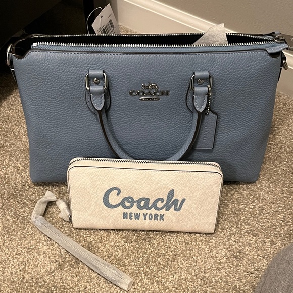 Coach Bluebell Pebble Leather Satchel & Matching Chalk/Bluebell Zip Wallet Set - Picture 1 of 15
